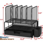 Simple Houseware Mesh Desk Organizer with Sliding Drawer, Double Tray and 5 Upright Sections, Black - Image 6