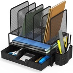 Simple Houseware Mesh Desk Organizer with Sliding Drawer, Double Tray and 5 Upright Sections, Black - Image 5