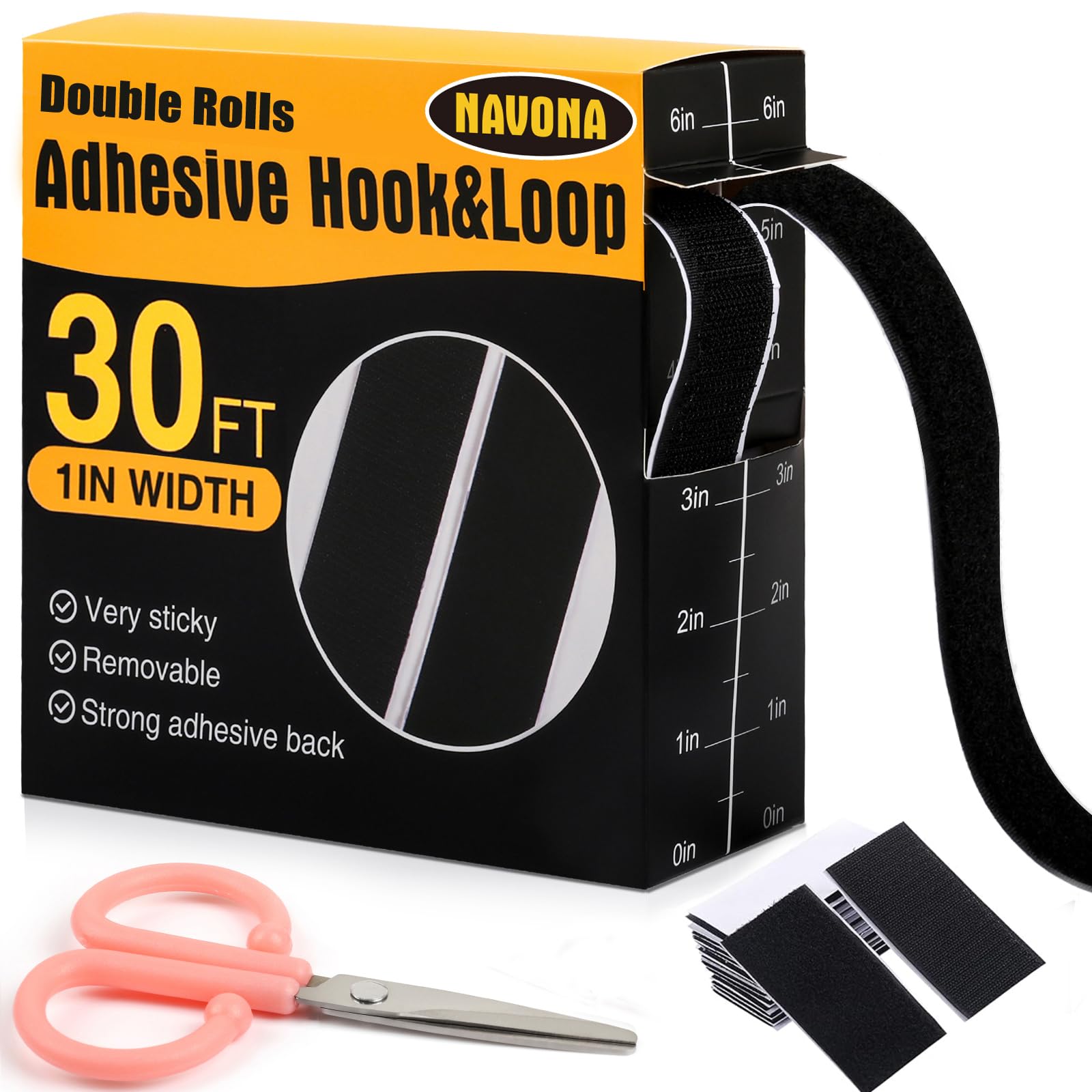 30Ft x 1 Inch Hook and Loop Strips with Adhesive, Double Rolls of Heavy Duty Self Adhesive Tape with Backing, Nylon Self Adhesive Tape for Home Office School and Crafting,Black